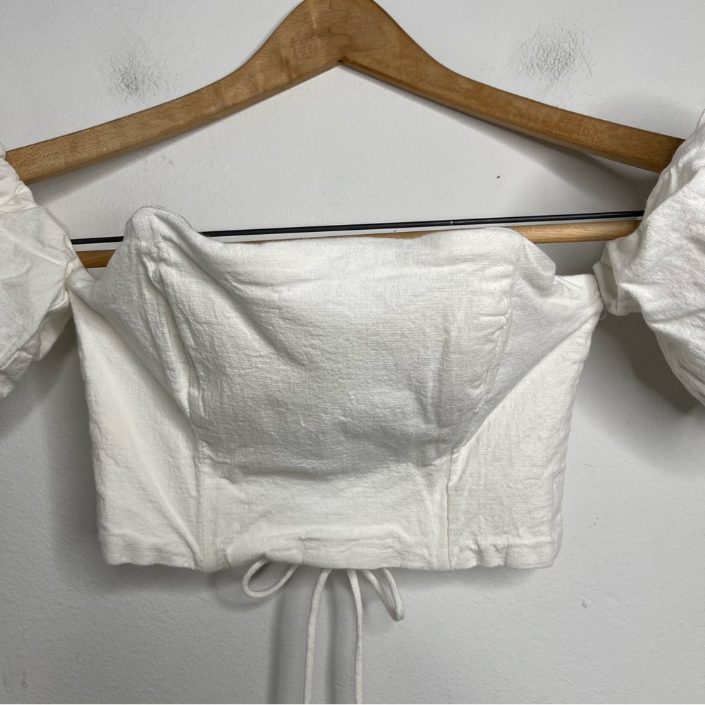 SEVEN Wonders Ivory Puff Sleeve Off Shoulder Cotton Tie Corset Crop Top Sz S - Picture 6 of 16